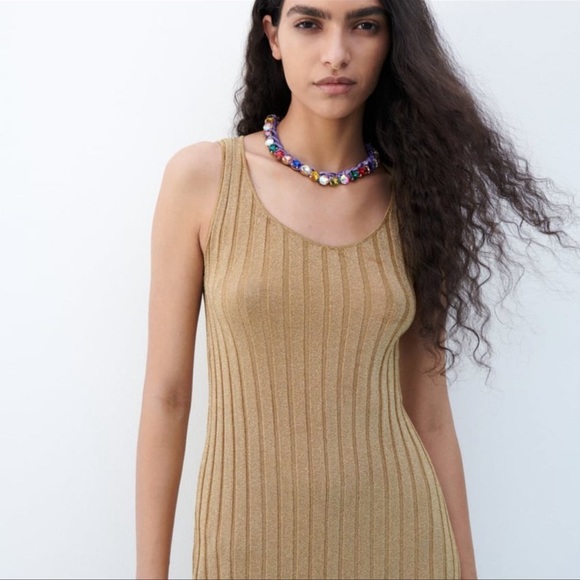 NEW ZARA METALLIC THREAD OPENWORK DRESS SLEEVELESS MIDI ROUND NECK SIZE S - Picture 5 of 7